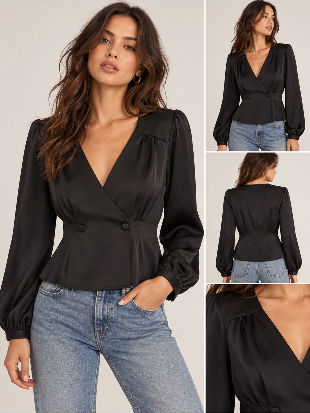 Express X Negin Mirsalehi Black Satin Button Front Long-Puff Sleeve Top